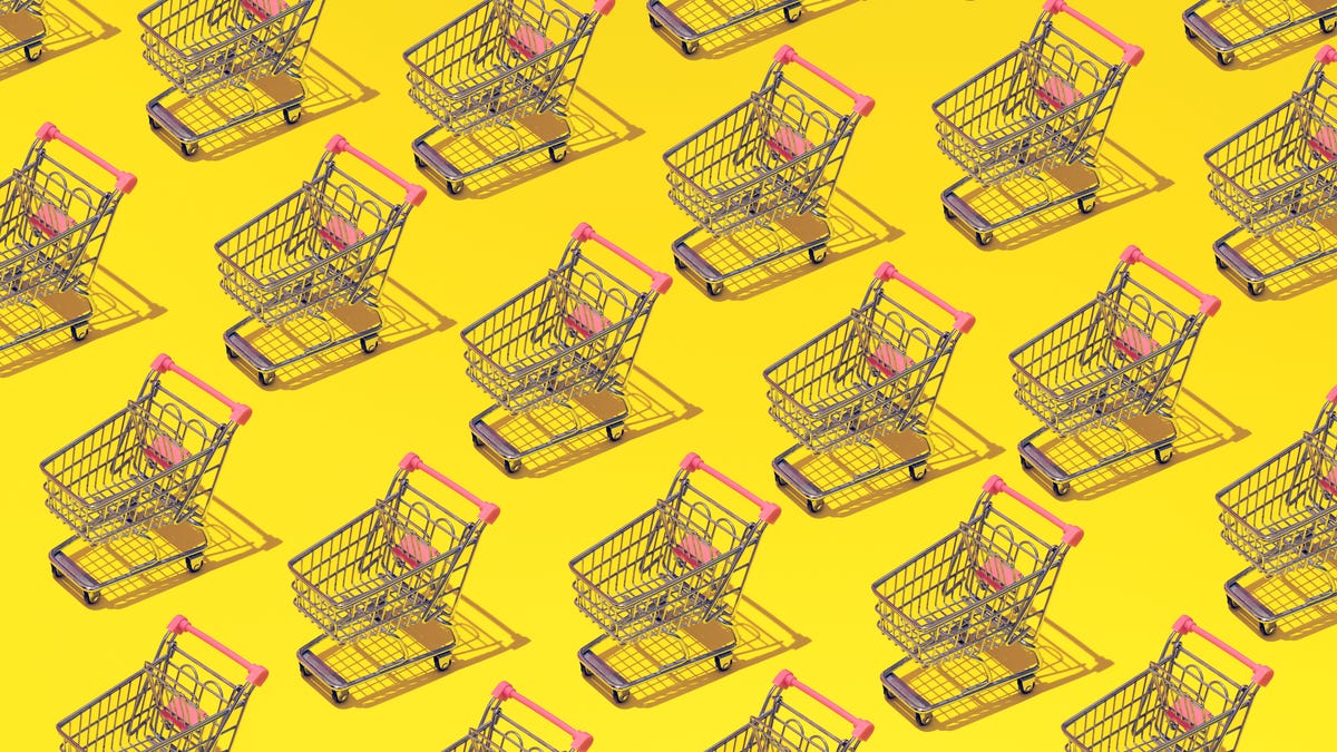 An illustration showing multiple shopping carts against a yellow background.