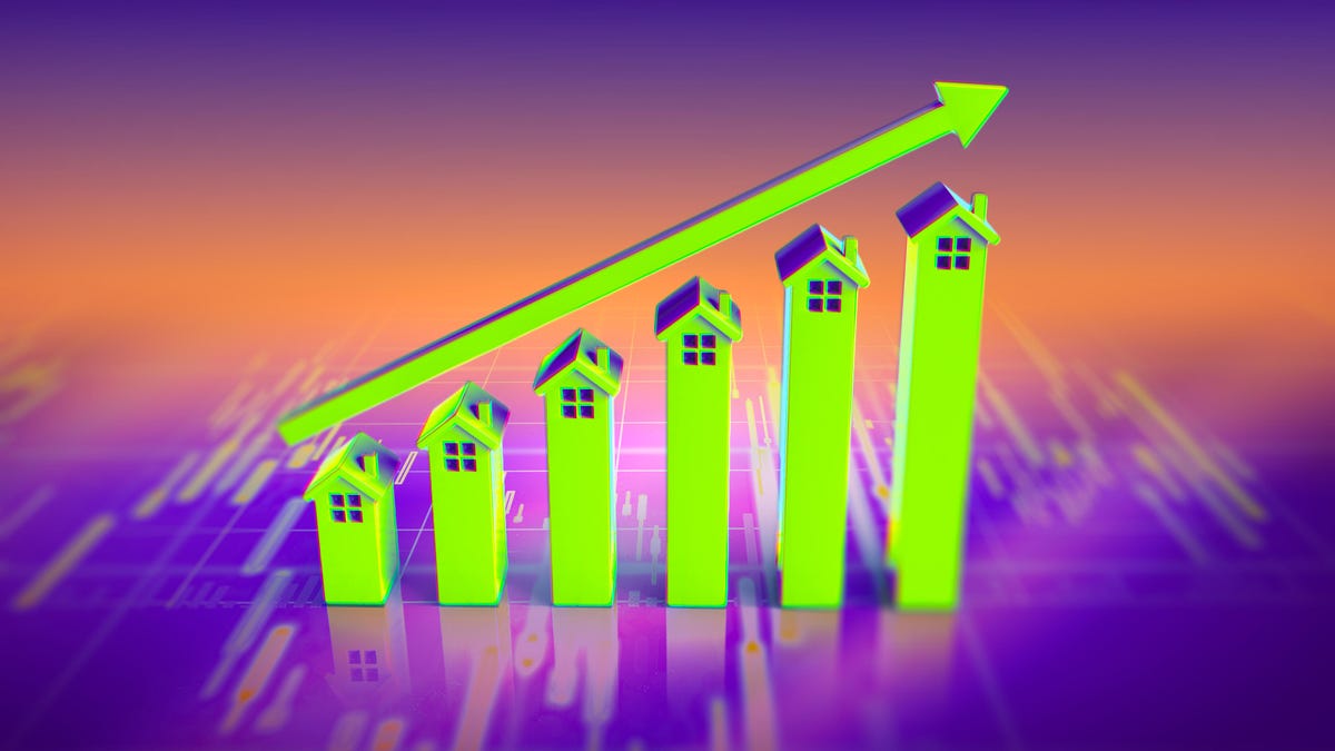 stack of growing houses with arrow showing increase