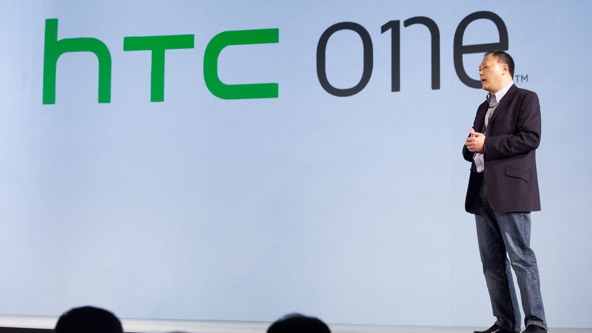 HTC Chief Executive Peter Chou unveils the new HTC One brand name. There are three models--the x, s, and v.