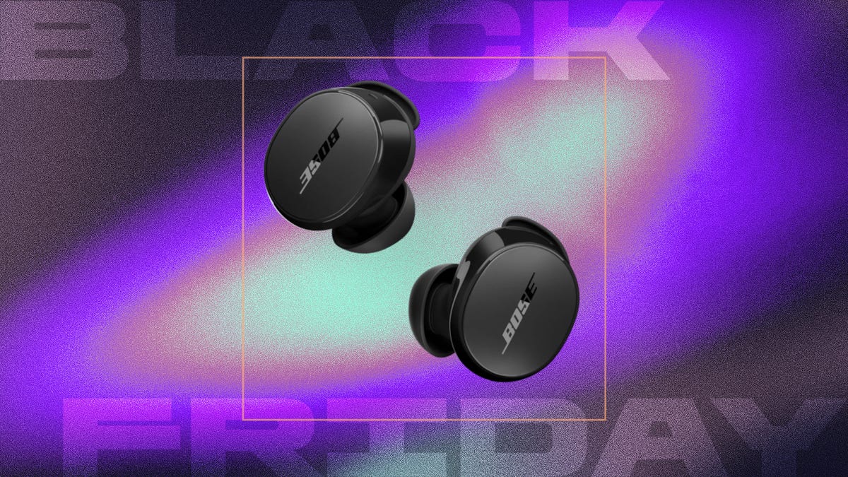 Two black Bose earbuds against an abstract orange, purple and pink background.