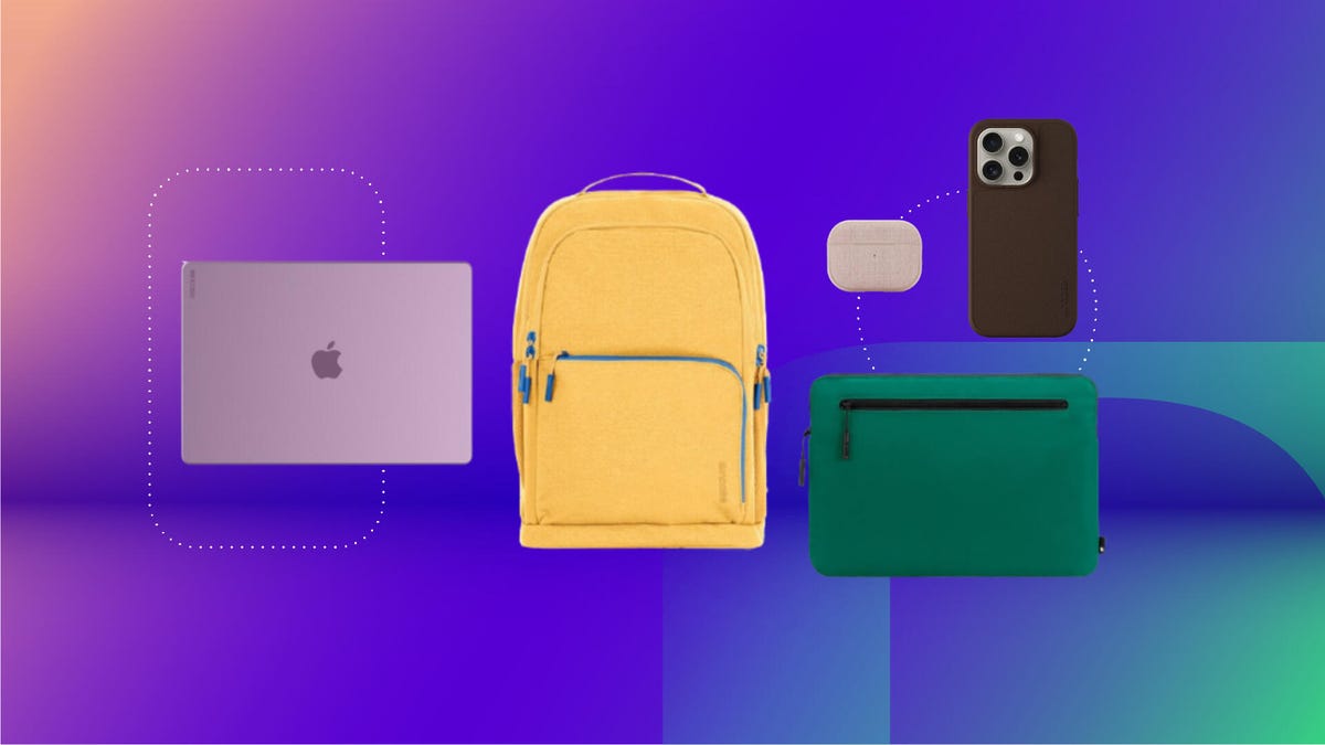 From left to right: Incase pink hardshell MacBook case; Incase sunflower yellow backpack; Incase pink Airpod Case; Incase brown iPhone 15 case and Incase green laptop sleeve; all displayed on a purple gradient background
