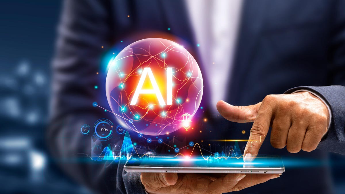 a man using a tablet and an sphere hologram with AI in it above the tablet