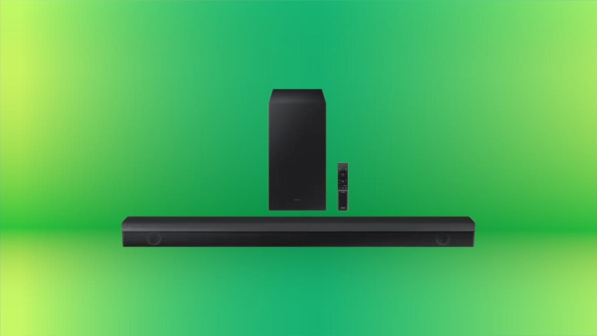 Shows the Samsung - HW-B650/ZA 3.1 Channel Soundbar with Wireless Subwoofer on a green background.