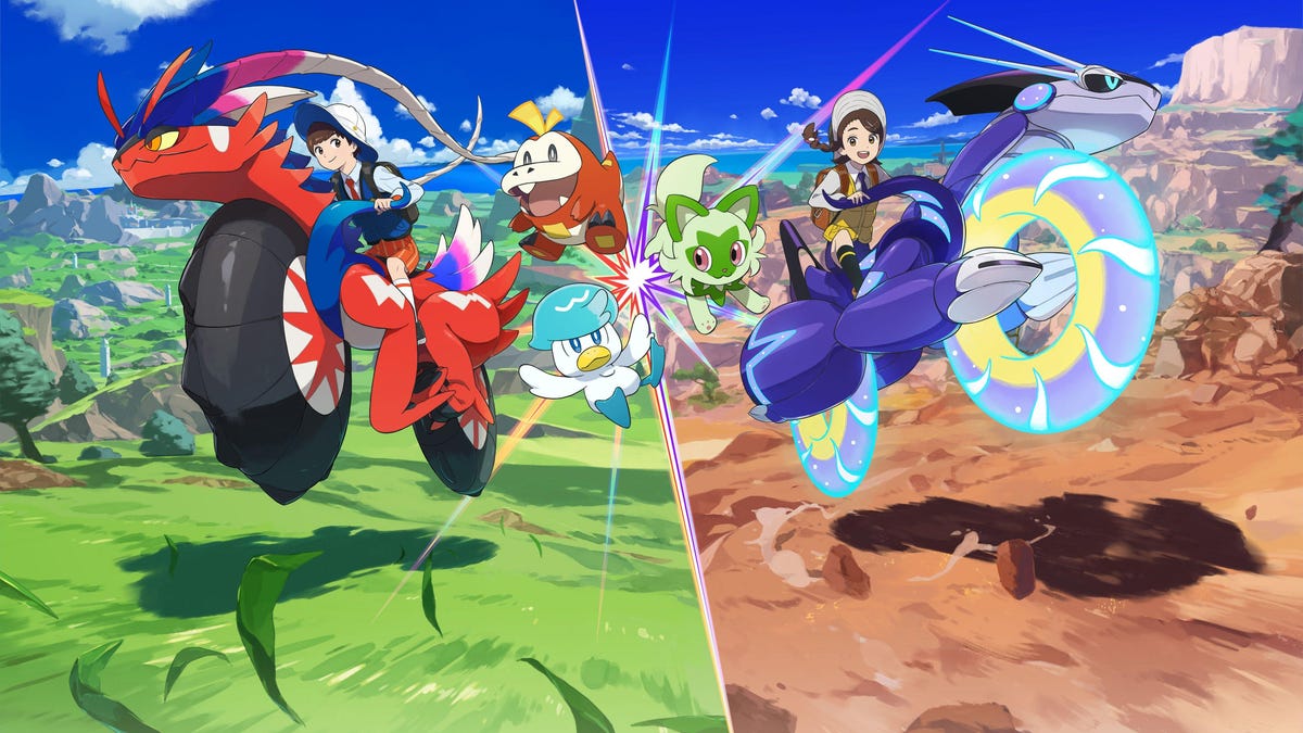 Pokemon trainers riding on Scarlet and Violet's legendary Pokemon