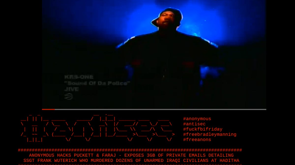 Screen shot of lawfirm's defaced Web site attacked by Anonymous after U.S. Marine received no jail time for allegedly leading civilian massacre in Iraq.