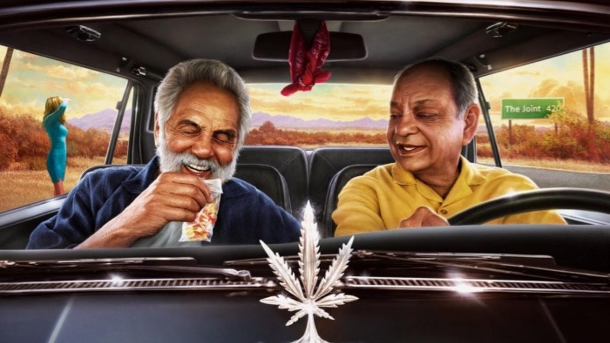 Tommy Chong and Cheech Marin sit in the front seat of a car