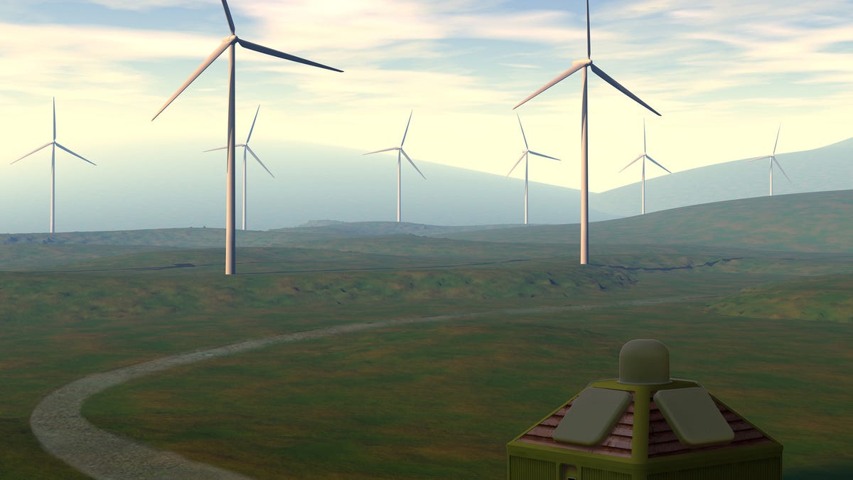 An artist's rendering of the on-site equipment needed for the holographic radar, which can be placed within a few miles of a wind farm.