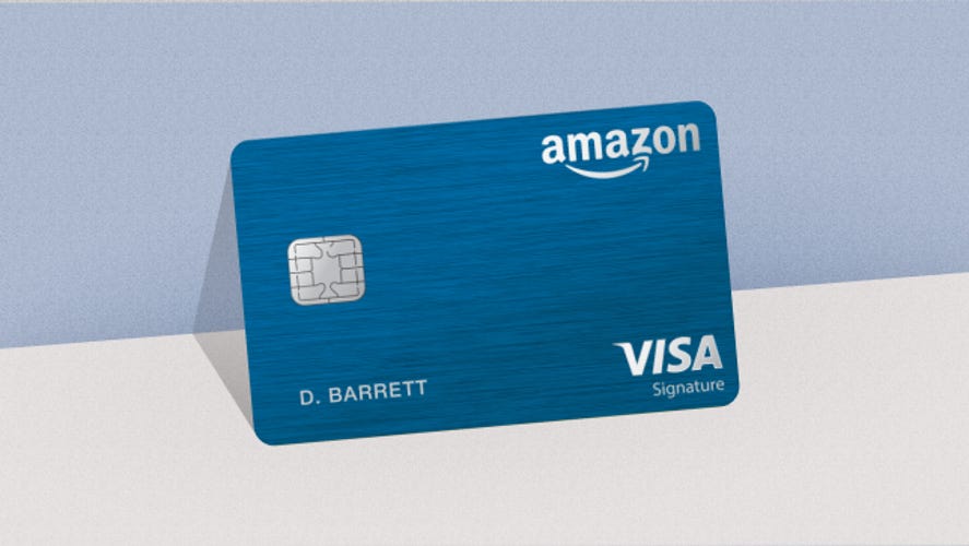 The blue Amazon Rewards Visa Card sits propped up against a wall.