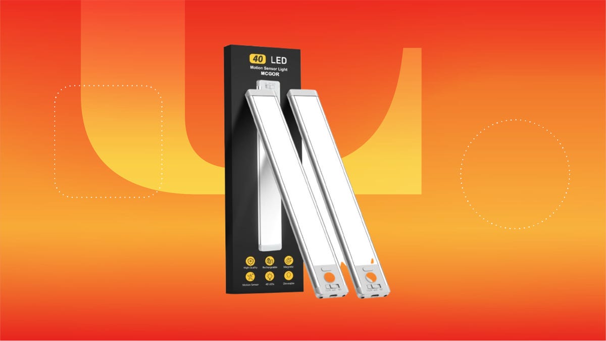 Two-pack of rectangular cabinet lights against black box. Background: orange gradient.