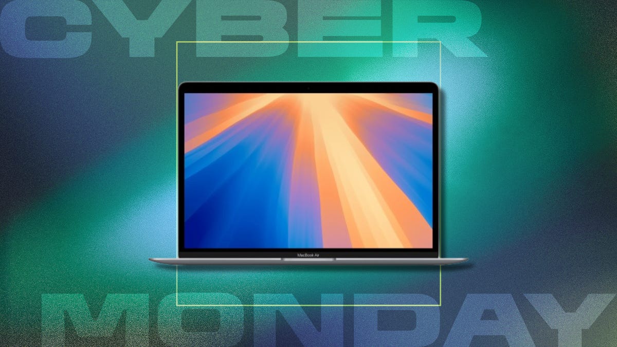 Apple's M1 MacBook Air laptop on display against purple gradient Cyber Monday background.