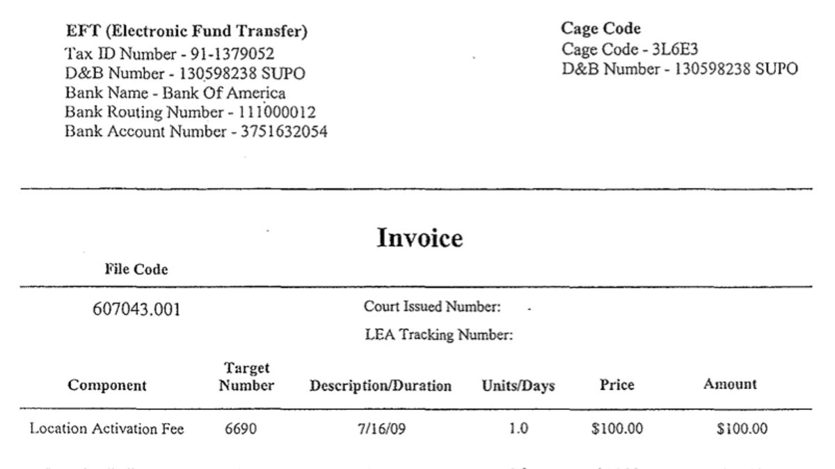 An invoice AT&T submitted to the Raleigh, N.C. police department after it turned over information about a customer's location.