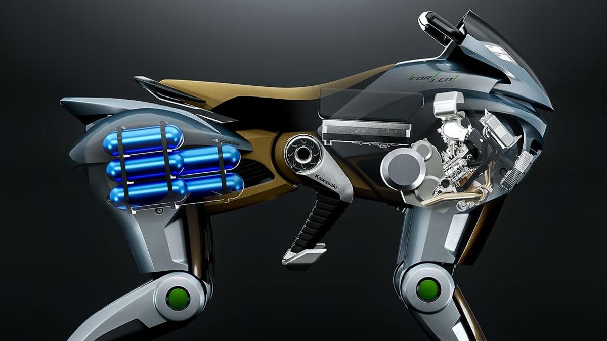 Side illustration of Kawasake Corleo rideable robot that looks like a horse with hydrogen reserves in its rear.