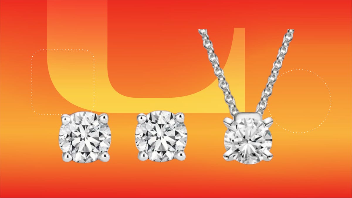 From left: diamond studs and diamond necklace against orange gradient.