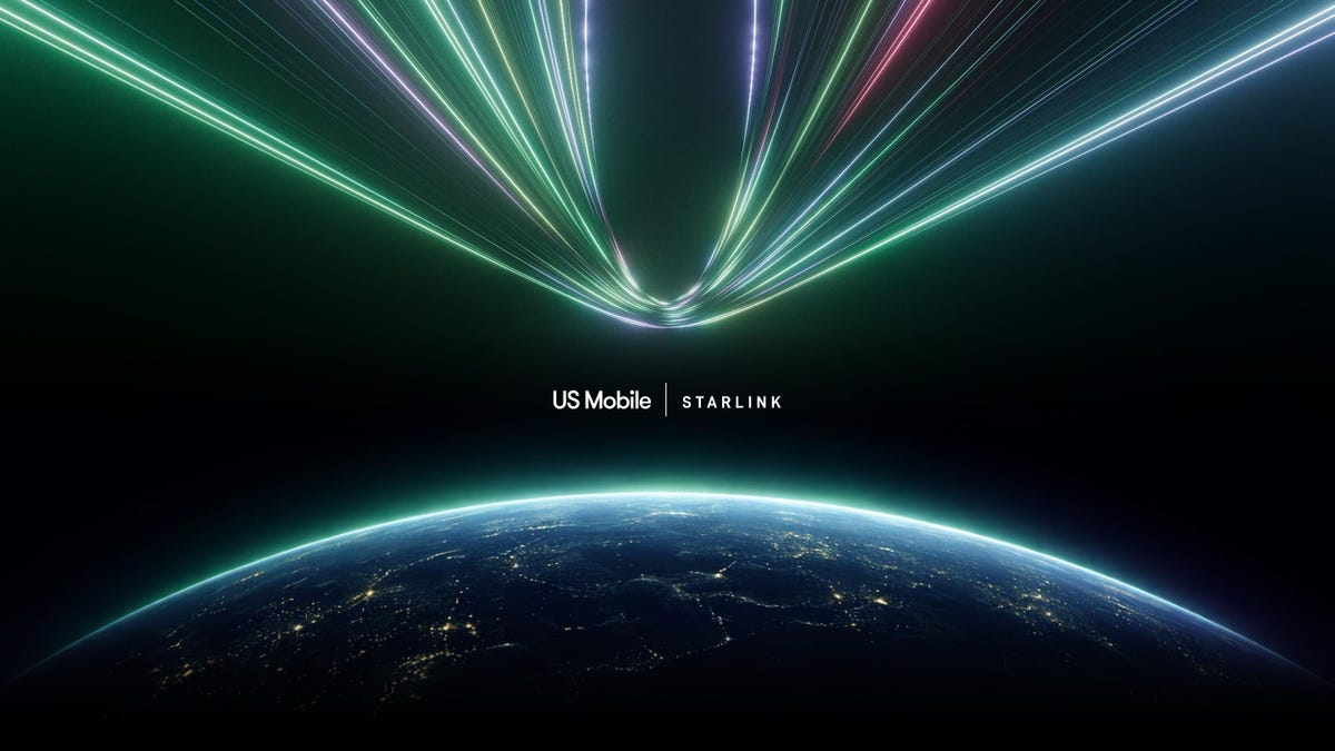 The earth at the bottom of the picture with bright lines at the top and the words US Mobile + Starlink between them in the middle.