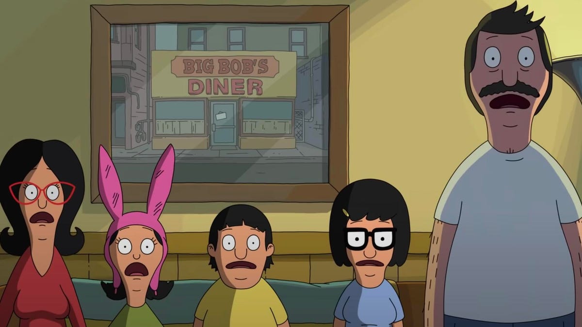 Still from Bob's Burgers Movie featuring Linda, Louise, Gene, Tina and Bob