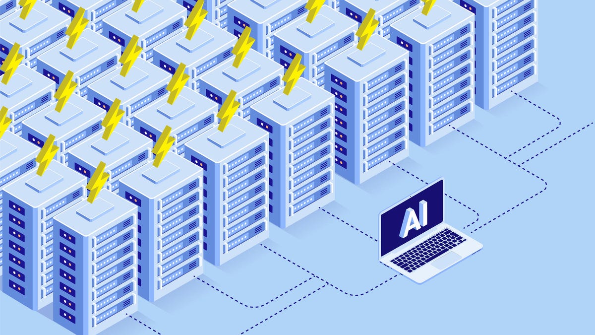 laptop with AI on it using energy from rows of servers with lightning bolts on top of them