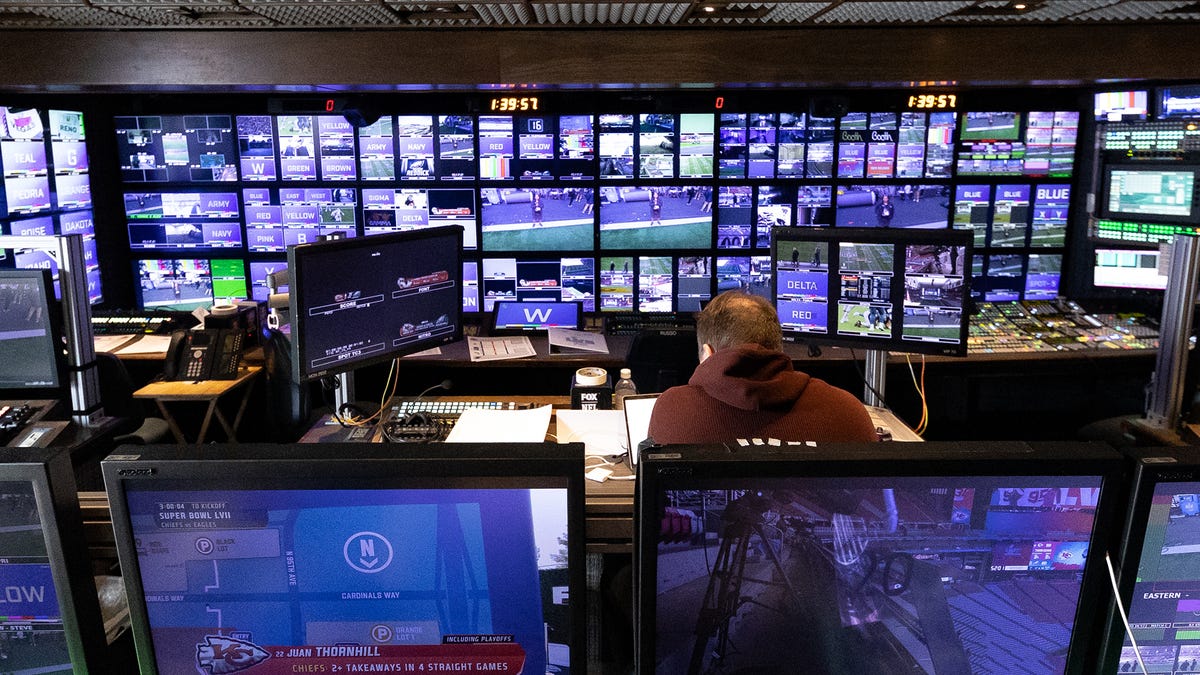 The many screens inside the main broadcast truck at SuperBowl 2023