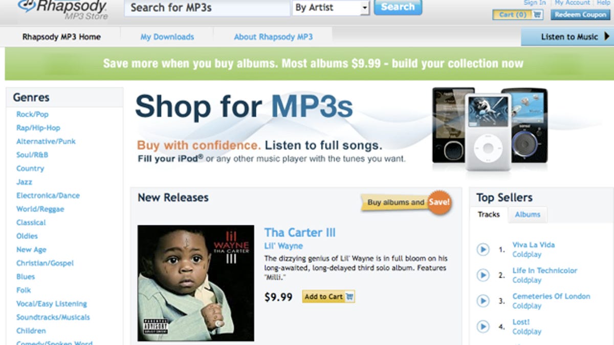 Screenshot of new Rhapsody MP3 store.