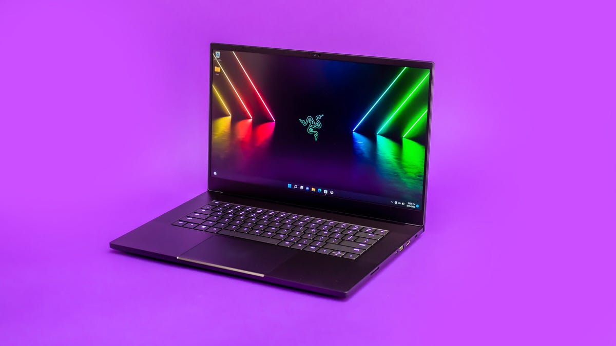 Razer Blade 15 2022 laptop computer on a purple background