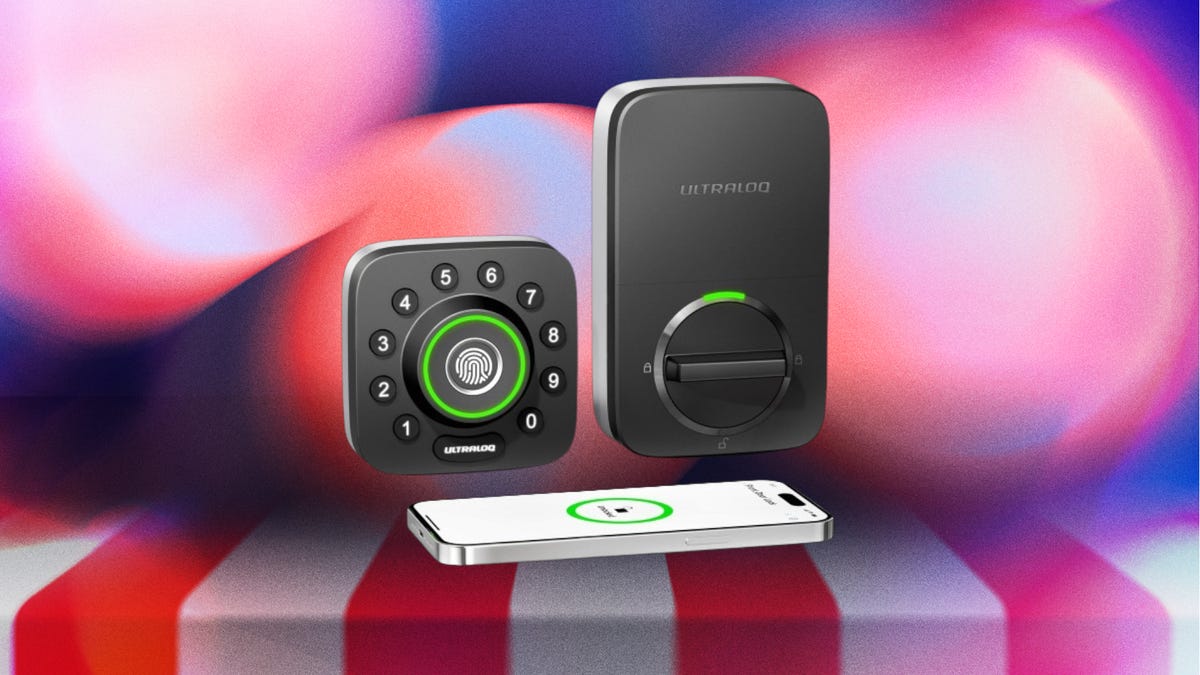 Ultraloq U-Bolt Pro smart lock with lock and keypad on a red and white striped background