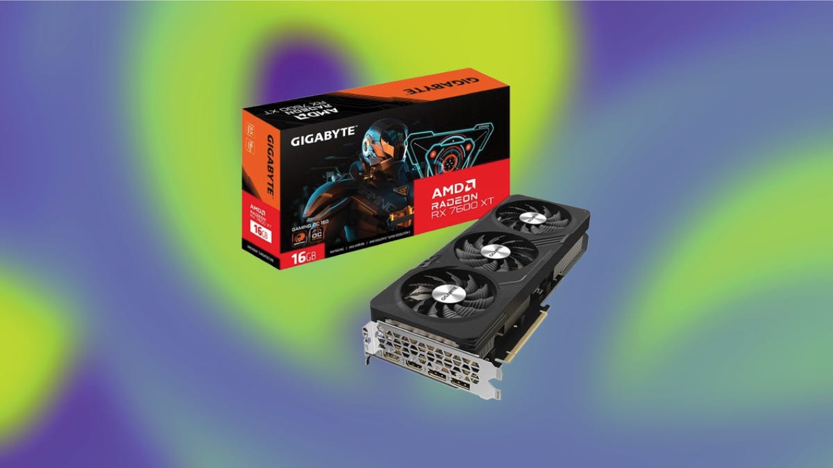 A graphics card with three fans sitting next to the box it comes in, set against a blue and green background.