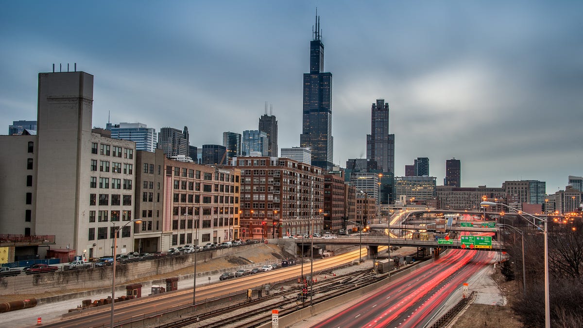 The Chicago skyline from above I-290.