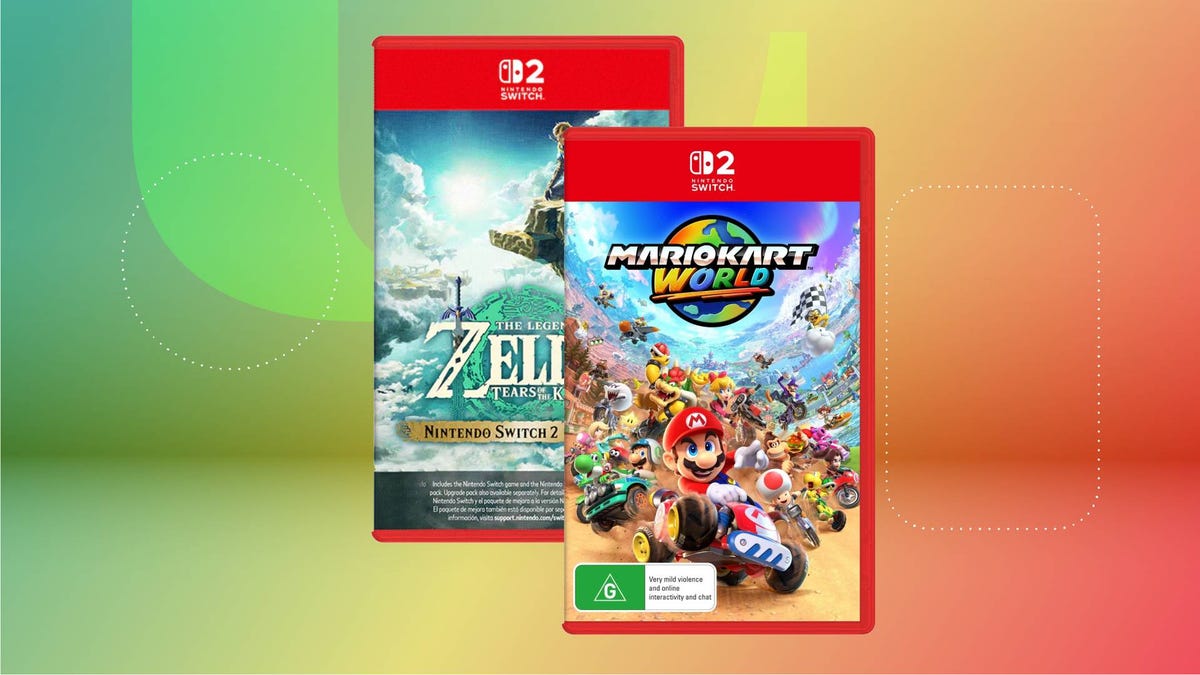 The game cases for Mario Kart World and The Legend of Zelda: Tears of the Kingdom against a red and green CNET background.
