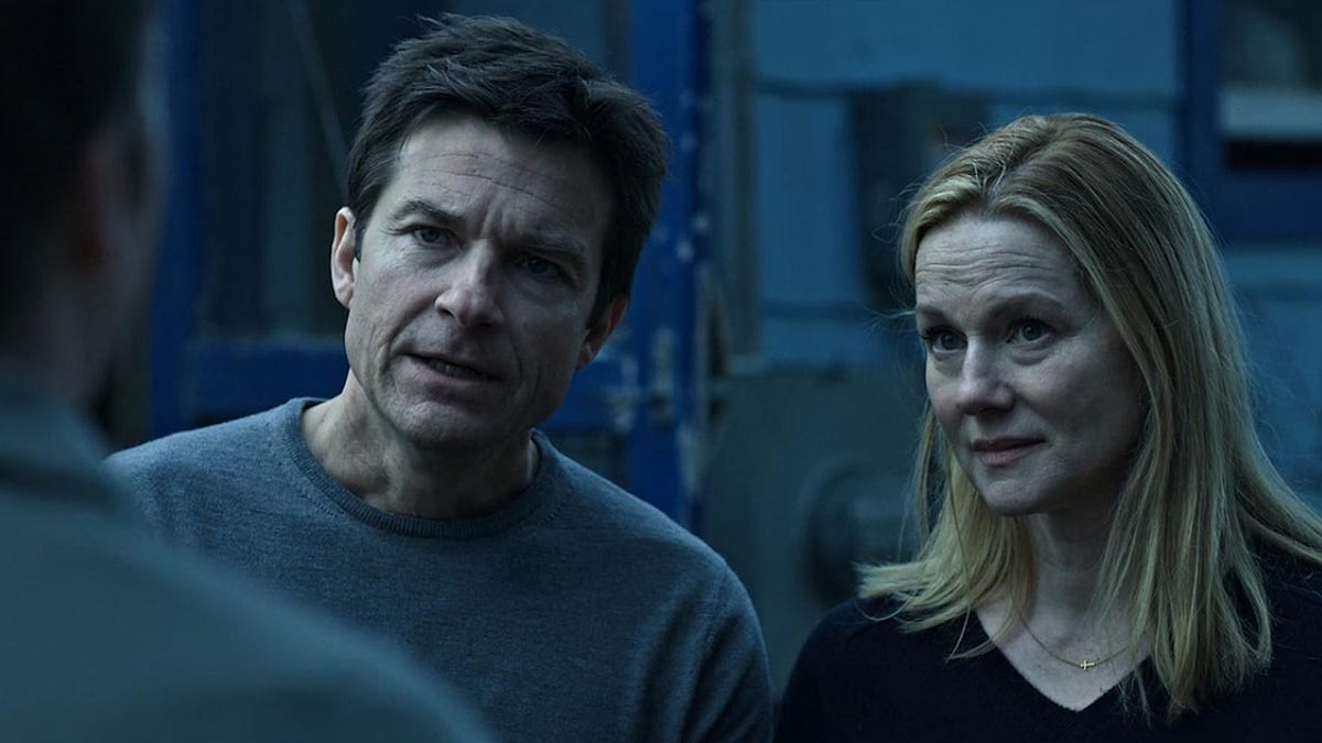 Jason Bateman and Laura Linney look worried as Marty and Wendy Byrde in Ozark.