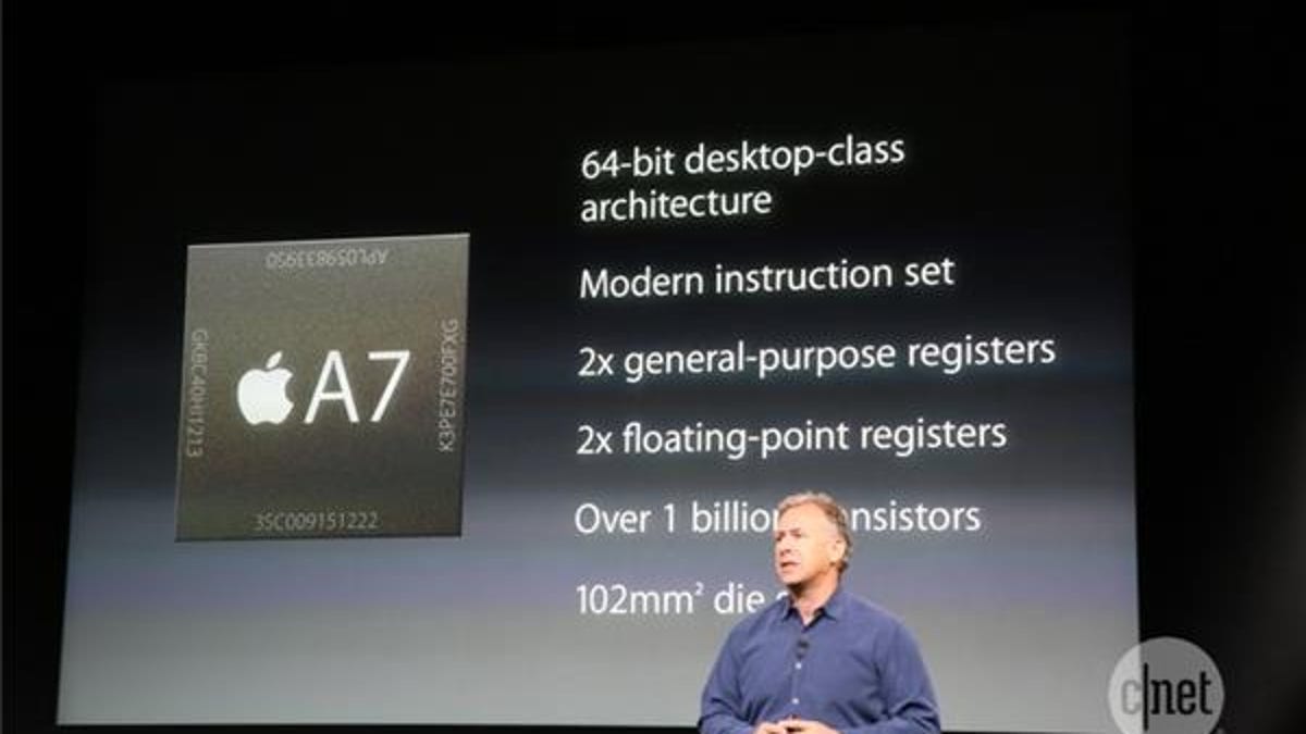 Apple marketing chief Phil Schiller touts the advantages of the A7 processor used in the iPhone 5S.