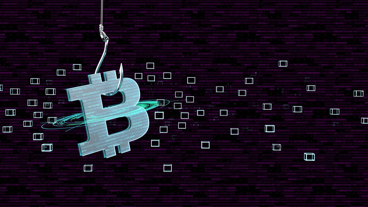 Digital media illustration of the bitcoin logo on a fish hook