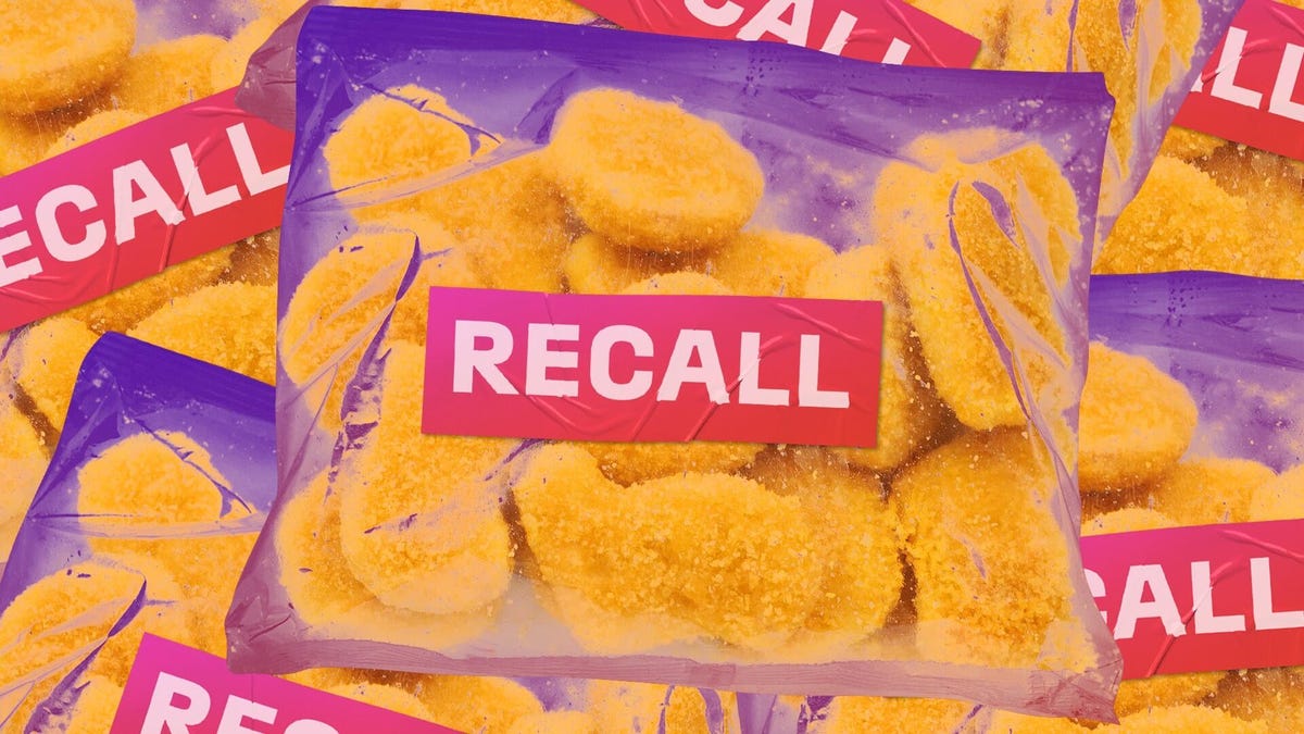 Frozen chicken nuggets in a bag with the word recall on them