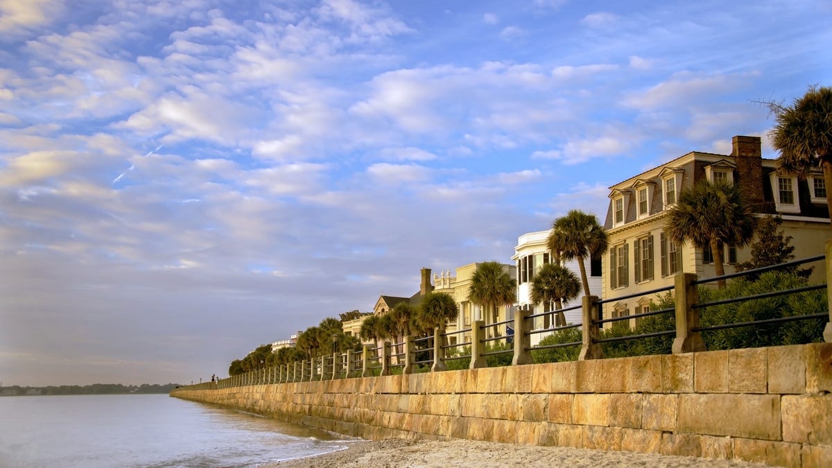 The historic Charleston Battery right after a colorful sunrise.
