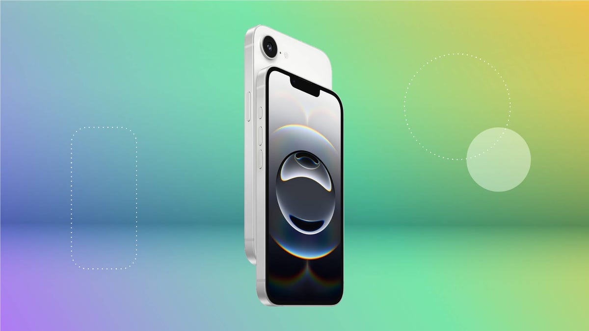 The front and back of a white iPhone 16E against a green gradient CNET background.