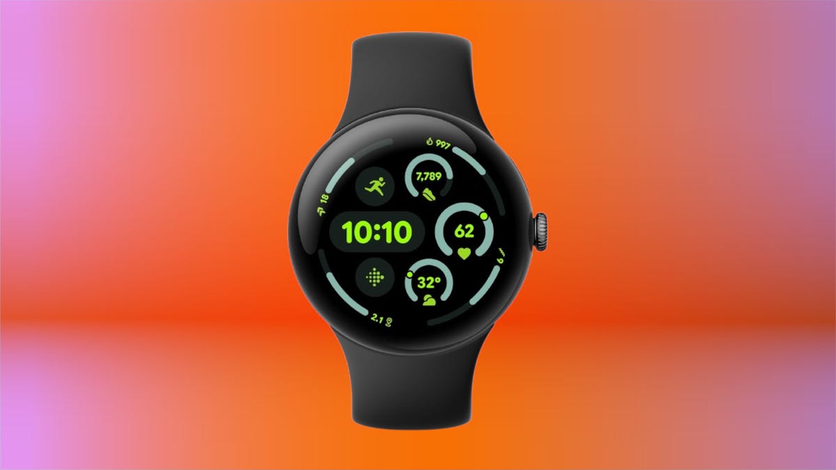 Shows the Google Pixel Watch 3 on an orange background.