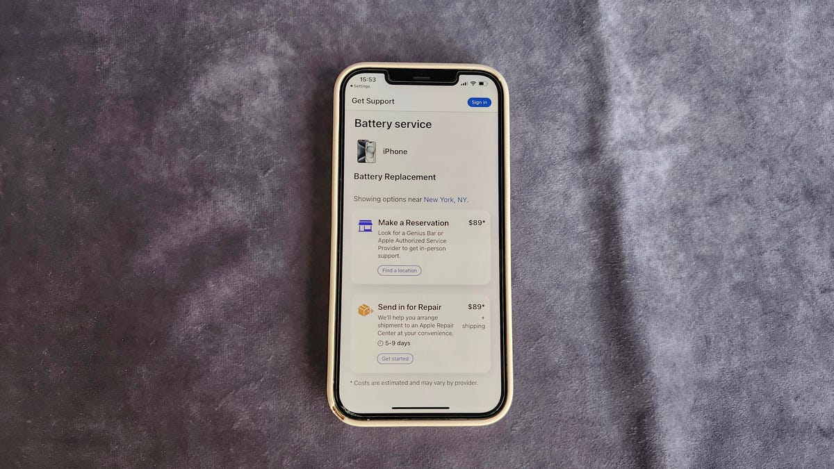 iPhone 12 Pro Max showing battery service options
