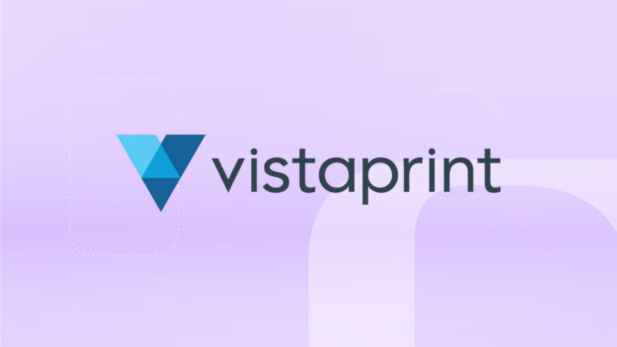 Vistaprint logo against CNET's levander commerce background.