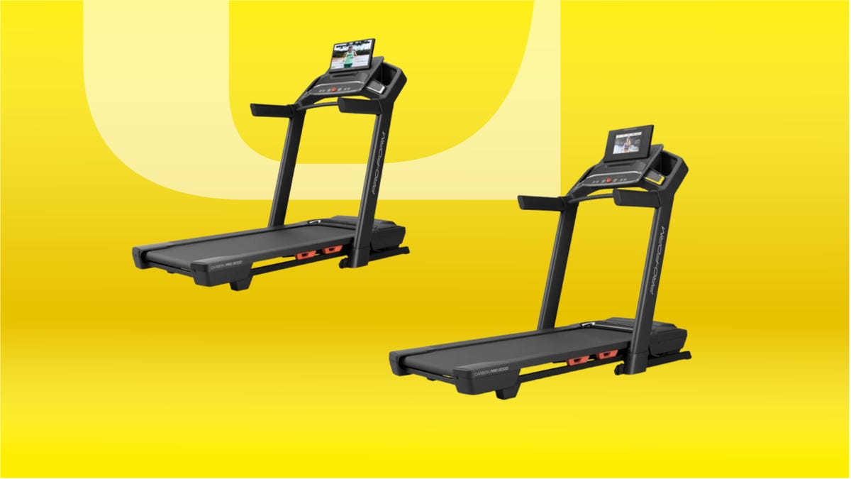 Black ProForm carbon 2000 and 9000 treadmills against yellow CNET background.