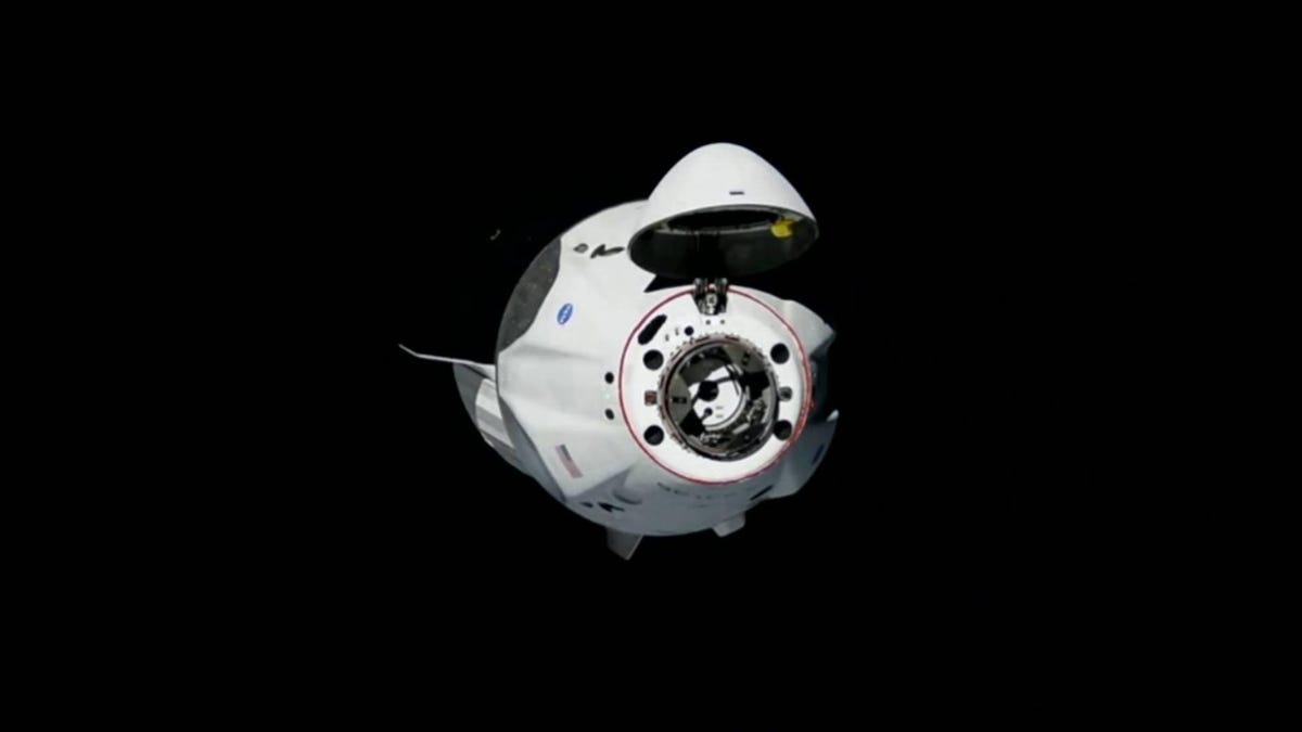 SpaceX's Crew Dragon is shown here minutes before docking with the International Space Station.