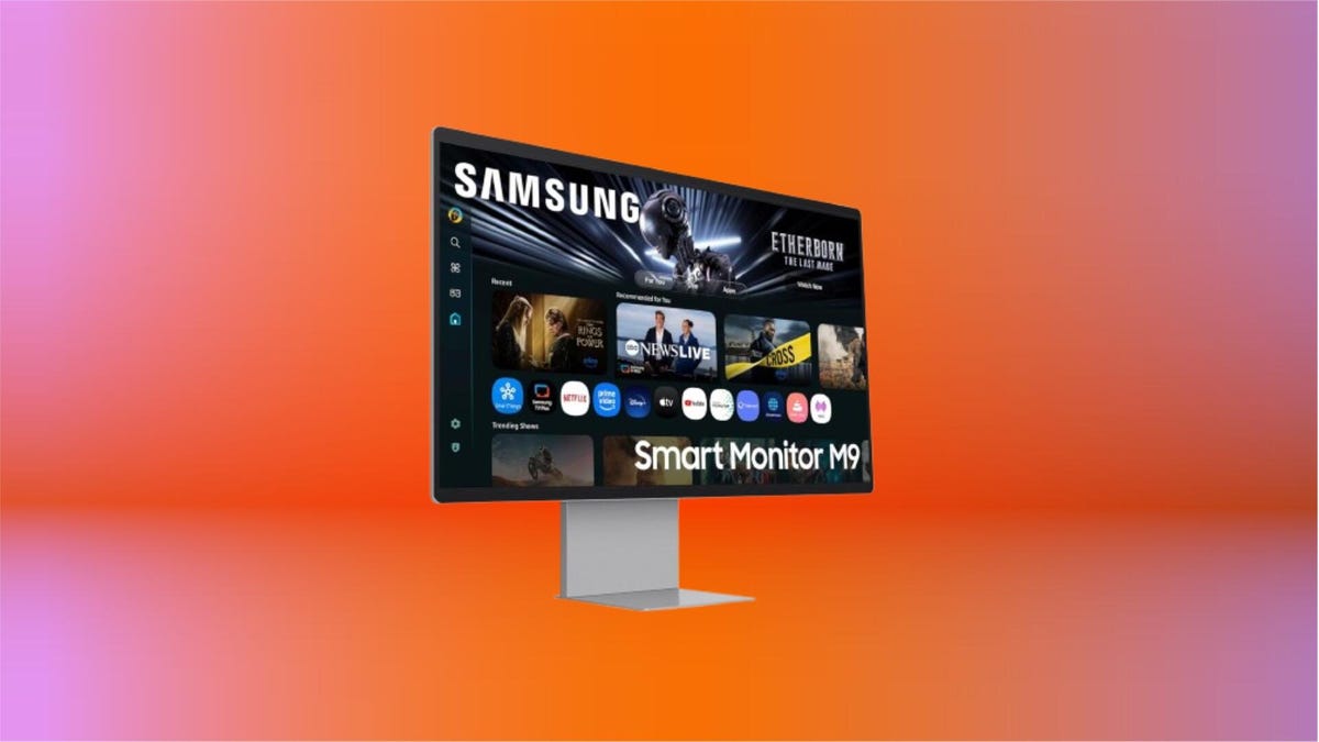 Samsung M9 OLED Smart Monitor on orange background