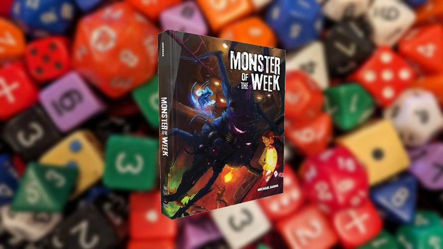 Monster of the Week book on blurry dice background