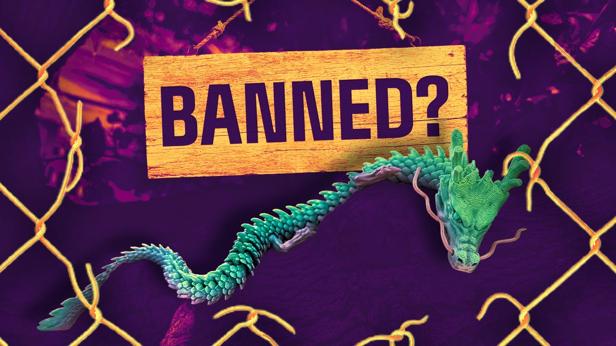 A 3D printed articulated dragon with a sign above that says "BANNED?"