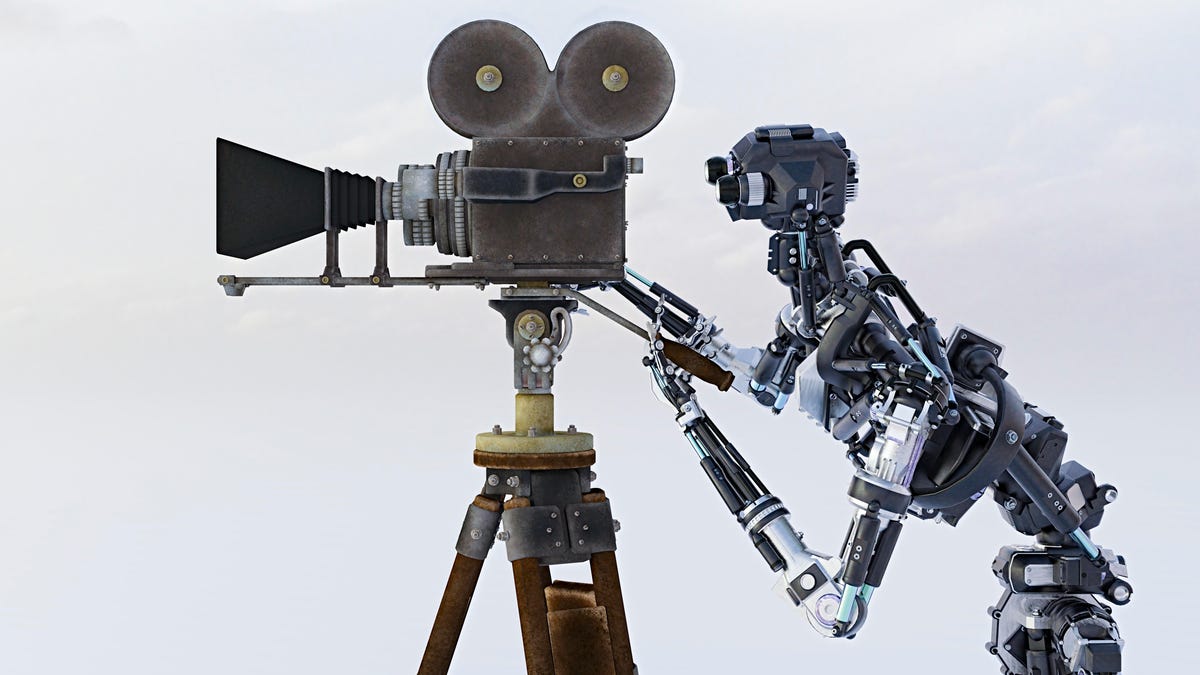 Realistic illustration shows a robot shooting a film with an old-fashioned movie camera on a large wooden tripod.