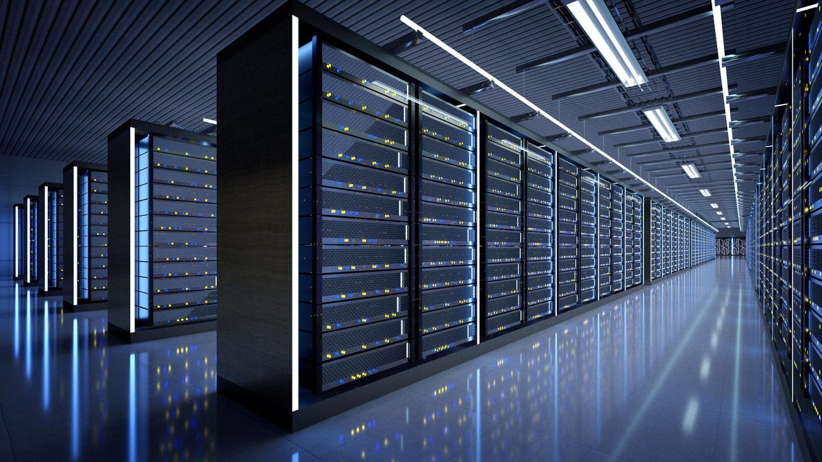 Rows of server banks in a data center