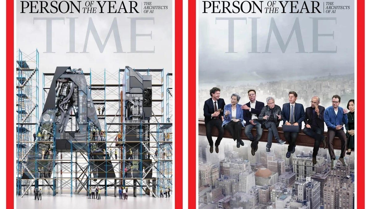 Two magazine covers of Time Magazine, one with scaffolding around the word AI and another with AI leaders on a beam above a city.