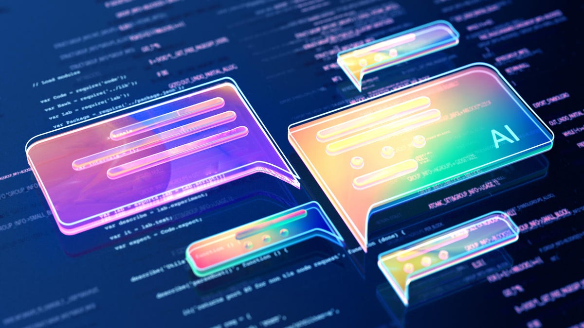 An image showing a phone screen with chat boxes between a person and a robot, surrounded by graphics of charts and graphs