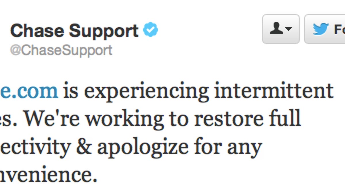 The Chase Twitter account earlier today described the problems as "intermittent issues."