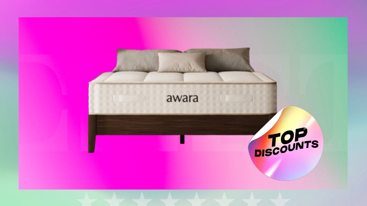 Mattress on wooden frame. Background: pink and green gradient. Foreground: circular sticker with "top discounts" text in black.
