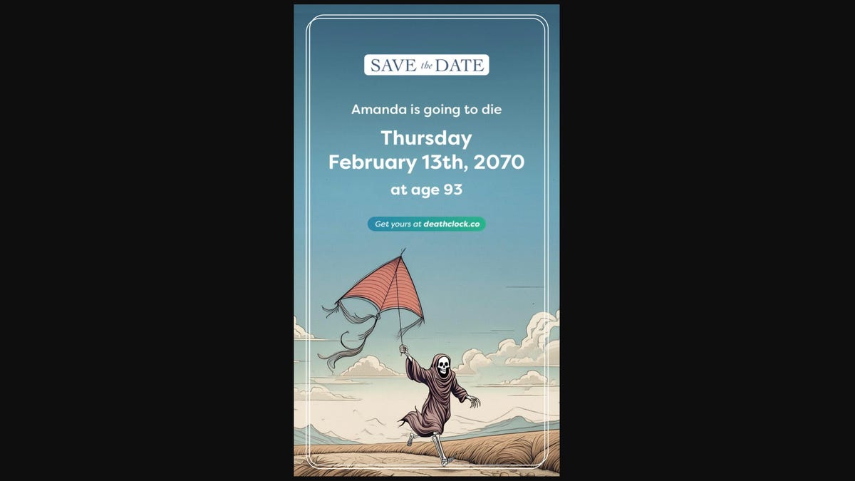 Death Clock app screenshot with grim reaper flying a kite and a death date in 2070.