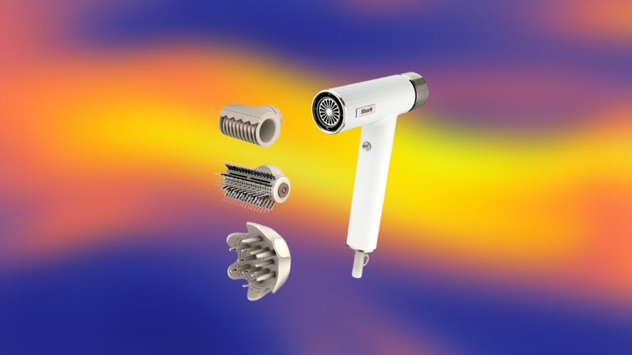 The Shark Ionic SpeedStyle hair dryer over a purple, orange and yellow abstract background.