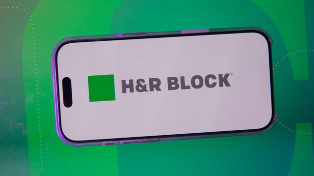 H&R Block logo displayed on phone with green gradient background.